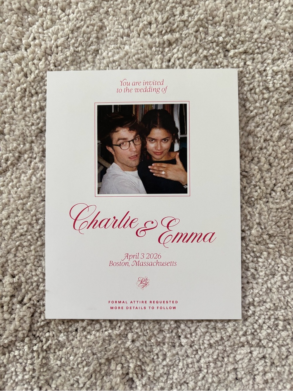 A24 The Drama Charlie & Emma (Robert Pattinson & Zendaya) Wedding Invite
